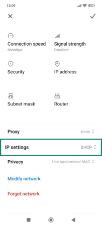 The network information page on an Android phone, showing the IP settings button.