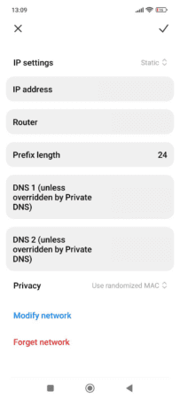 The IP Settings page on an Android phone, showing the options to change DNS 1 and DNS 2 servers.