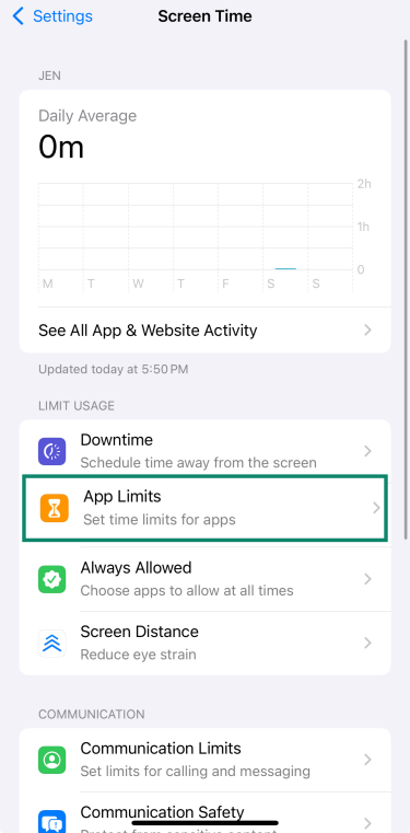 App Limits section with Add Limit option selected