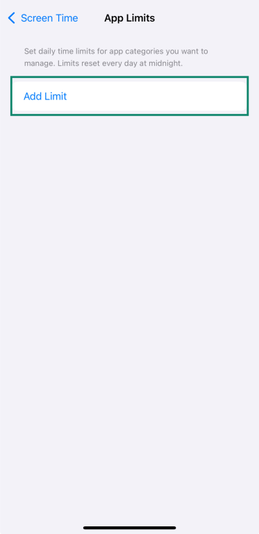 App Limits screen with “Add Limit” button highlighted on iPhone