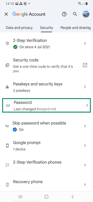 Password setting for Google account on an Android.