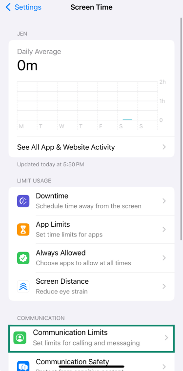 Communication Limits settings for child’s iPhone account