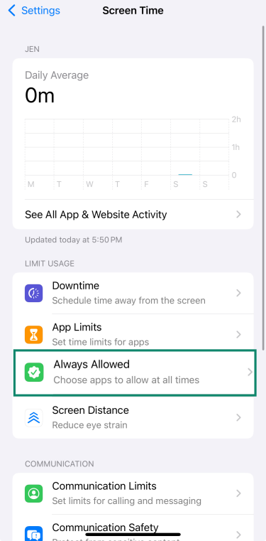 Always Allowed app list with plus and minus buttons