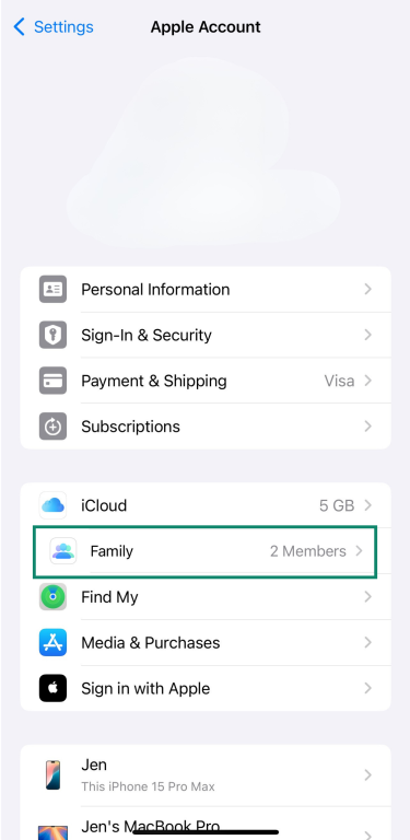 Family menu option shown under Apple ID in iPhone Settings