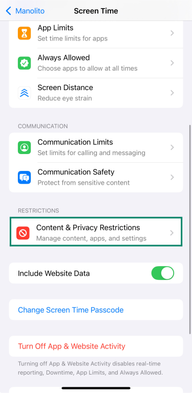 Content & Privacy Restrictions screen on iPhone