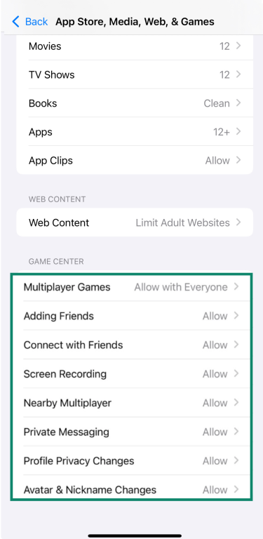 Game Center restrictions in Screen Time settings