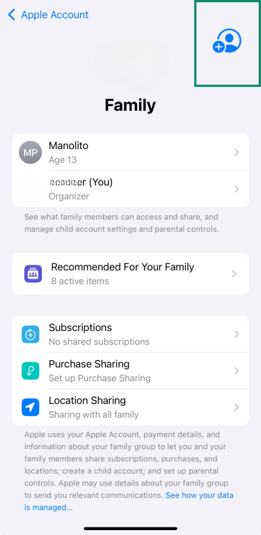 Add Member button in Family Sharing settings on iPhone