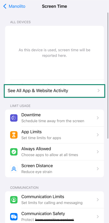 Screen Time menu with See All App & Website Activity option