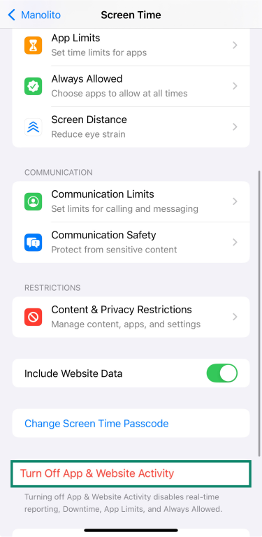 Option to turn off App & Website Activity in Screen Time settings