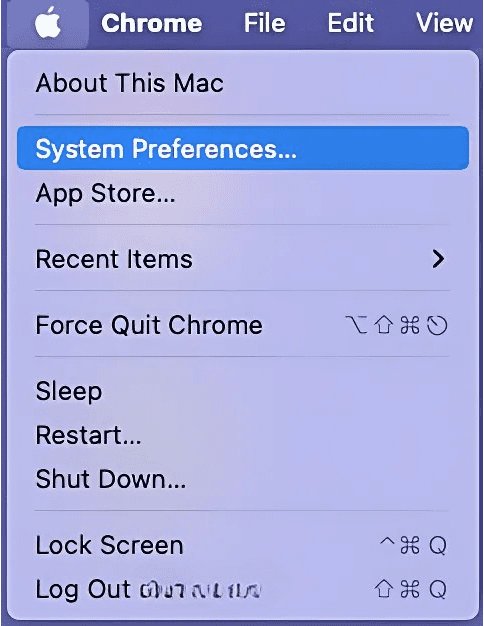 Apple menu with the System Preferences button highlighted