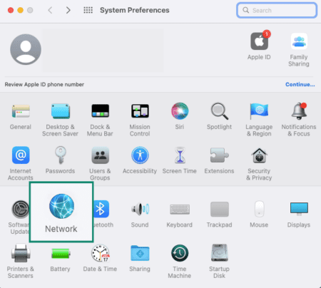 The System Preferences menu, showing the Network option.