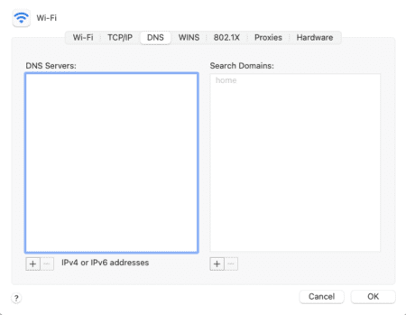 The DNS page of the Advanced Wi-Fi settings of a Mac, showing the DNS servers for the current network connection.
