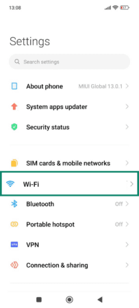 The Android Settings menu, showing the Wi-Fi button.
