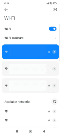 The Wi-Fi screen of the Android Settings menu, showing the list of available networks.