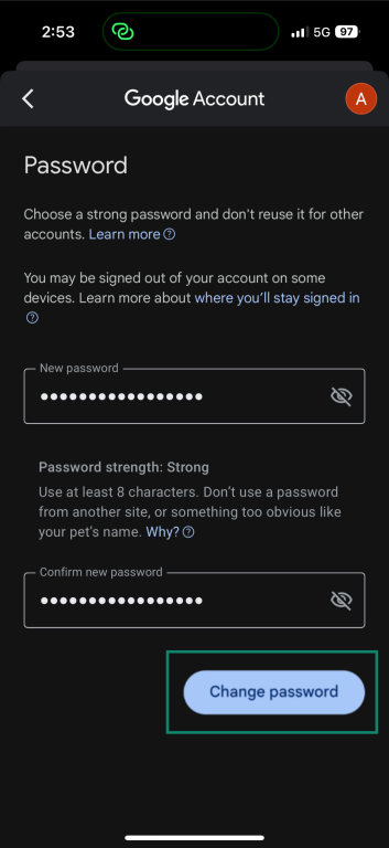 Change Password page on iPhone's Gmail app.