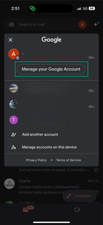 Gmail app on iPhone with Manage your Google Account option highlighted.