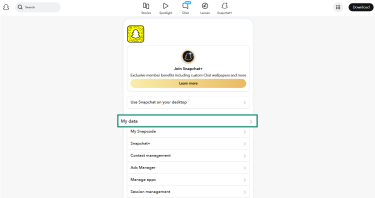 The Snapchat Settings page, showing the My data option.