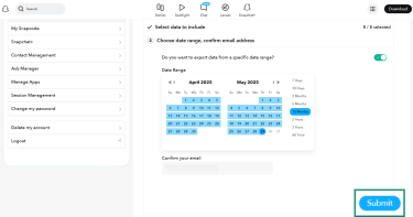 The second Snapchat data save screen, showing the option to select the date range of the downloaded data.