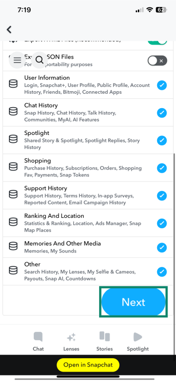 Choosing the Snapchat data to download.