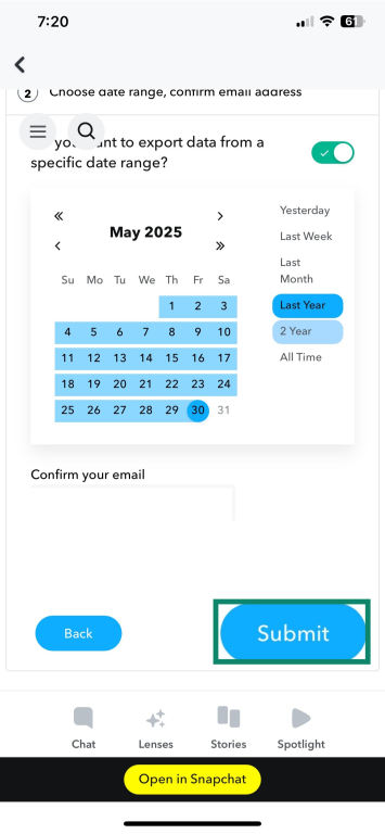 Choosing the date range for downloading Snapchat data.