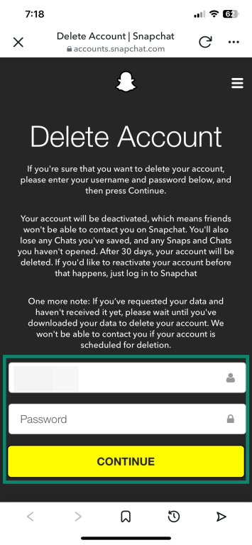The Delete Account page for the Snapchat iOS app.