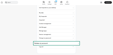The Account Settings page of Snapchat, showing the Delete my account option.
