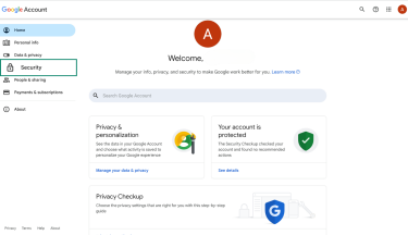 Google Account dashboard with the Security tab highlighted in the left-hand menu. 