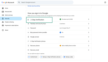 Google Account security settings showing 2-Step Verification as enabled.