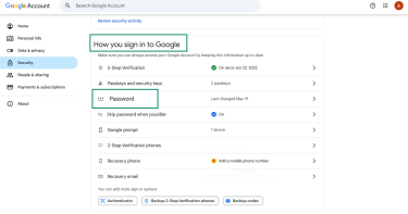 Google Account Security tab showing the How you sign in to Google section.