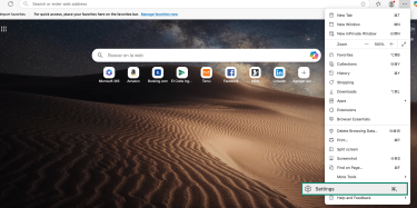 Edge dropdown menu showing Settings option selected after clicking the three-dot menu.