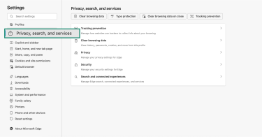 Microsoft Edge settings Privacy search and services highlighted