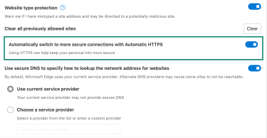 The Microsoft Edge "Automatically switch to more secure connections with Automatic HTTPS" toggle.