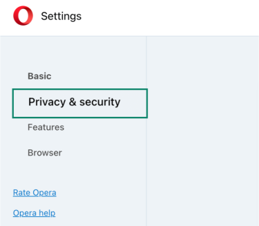 The Opera Privacy & security settings.