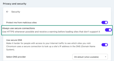 The Opera "Always use secure connections" toggle.