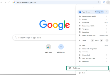 Chrome dropdown menu on Windows with Settings option highlighted.
