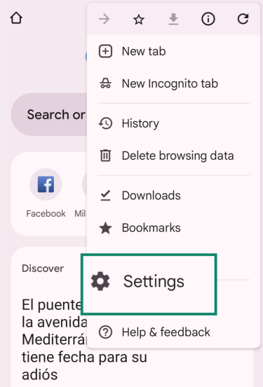 Chrome browser menu showing Settings option highlighted