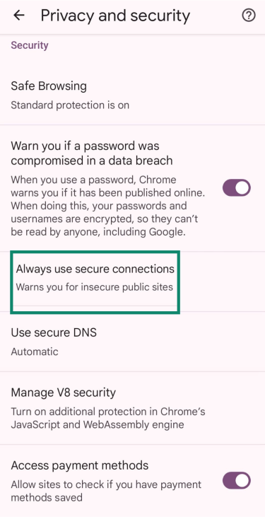 Chrome privacy and security settings with Always use secure connections highlighted