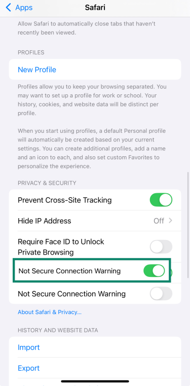 Safari settings on iPhone with Not Secure Connection Warning option highlighted