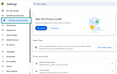 Chrome settings screen showing Privacy and security tab highlighted in the sidebar.