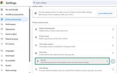 Privacy and security section in Chrome settings with Security option highlighted.