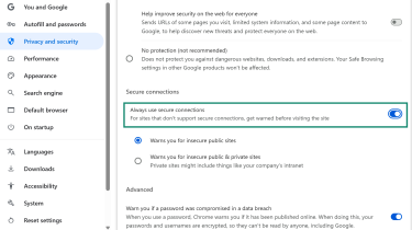 Chrome security settings with Always use secure connections setting enabled.