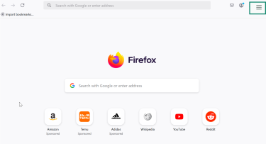 Firefox home screen with the main menu (hamburger icon) highlighted in the top right.