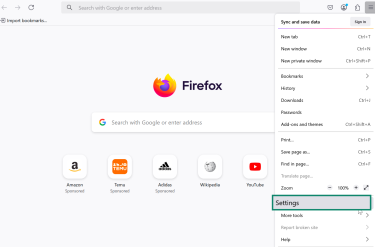 Firefox desktop browser showing expanded main menu with the Settings option highlighted for navigation.