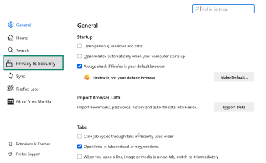 Screenshot of the Firefox Privacy & Security settings.