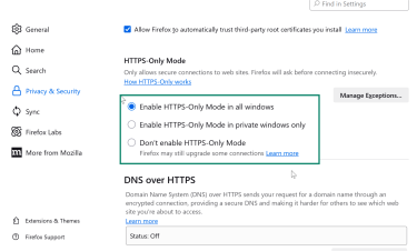 Firefox settings showing HTTPS-Only Mode enabled.