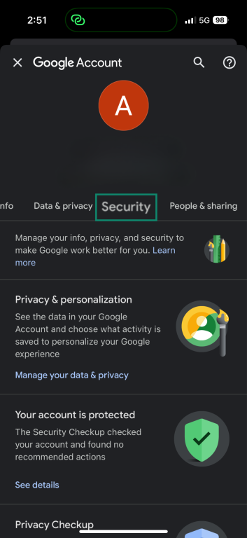 Google Account mobile interface showing user info and Security tab highlighted.