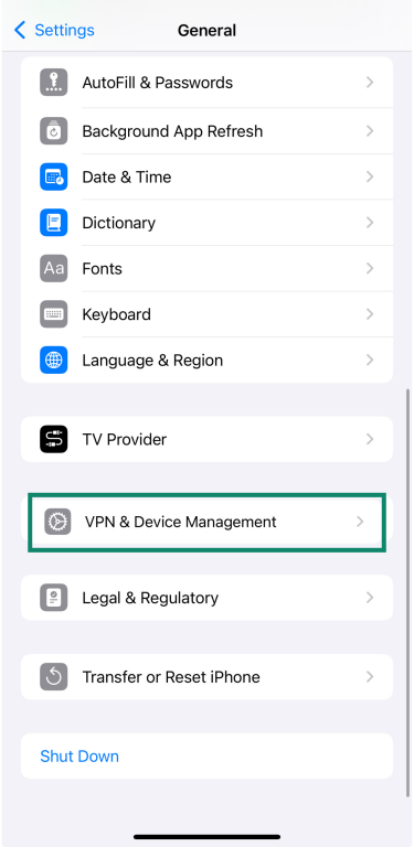 iPhone settings showing VPN and Device Management to manage security profiles