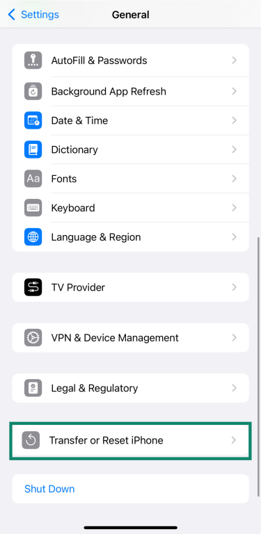 iPhone Settings for Transfer or Reset iPhone option