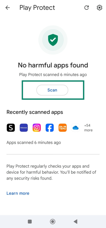 Play Protect screen showing no harmful apps and scan button highlighted