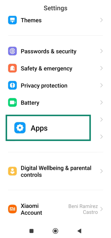 Android Settings screen with 'Apps' highlighted